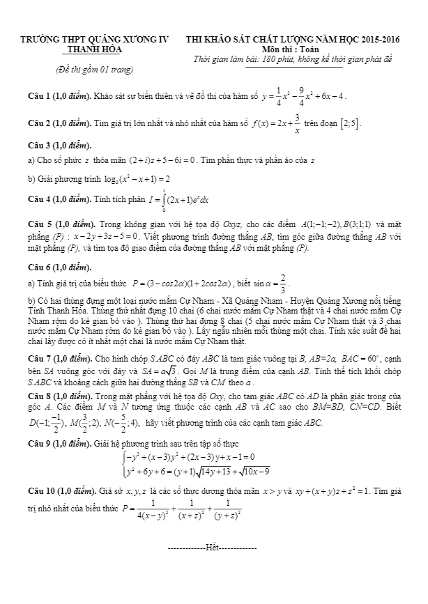 đề thi thử quốc gia môn toán 2016 trường quảng xương iv – thanh hóa