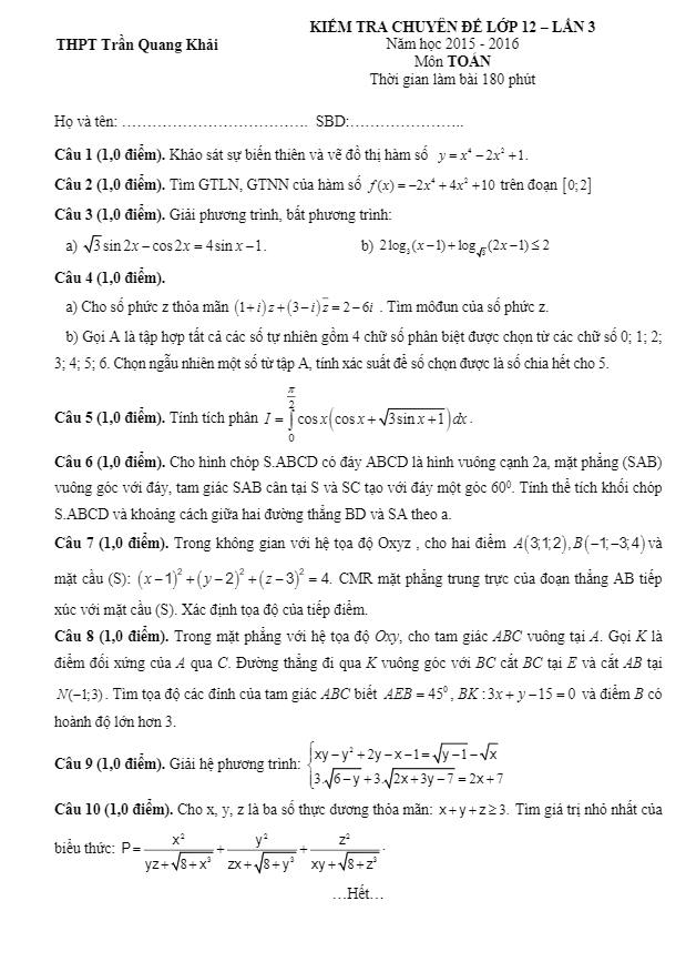 đề thi thử quốc gia môn toán 2016 trường trần quang khải lần 3