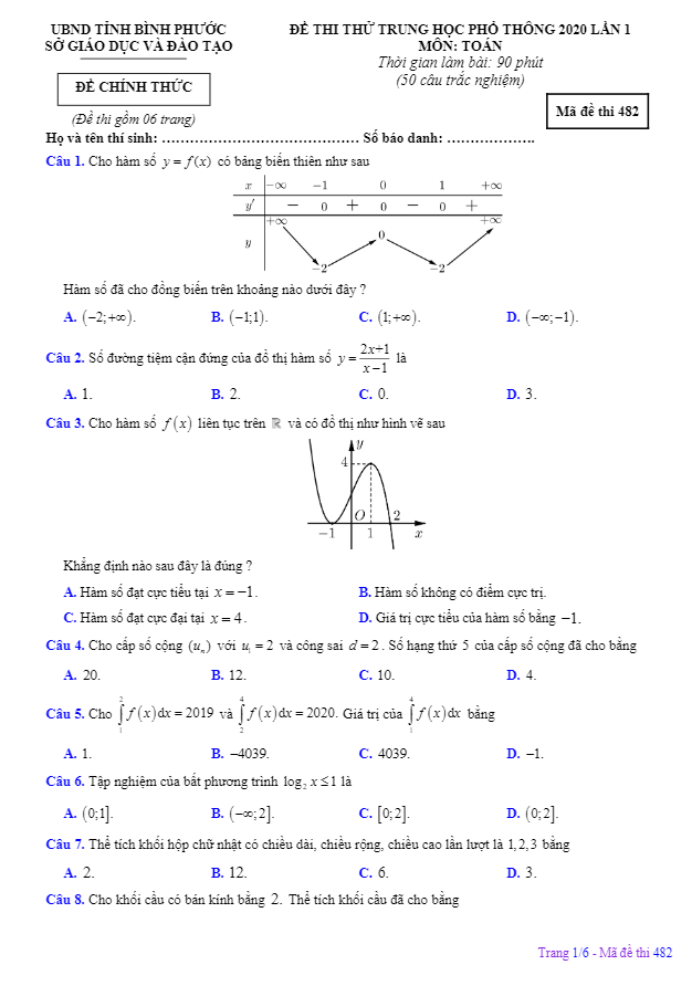 đề thi thử thpt 2020 lần 1 môn toán sở gd&đt tỉnh bình phước