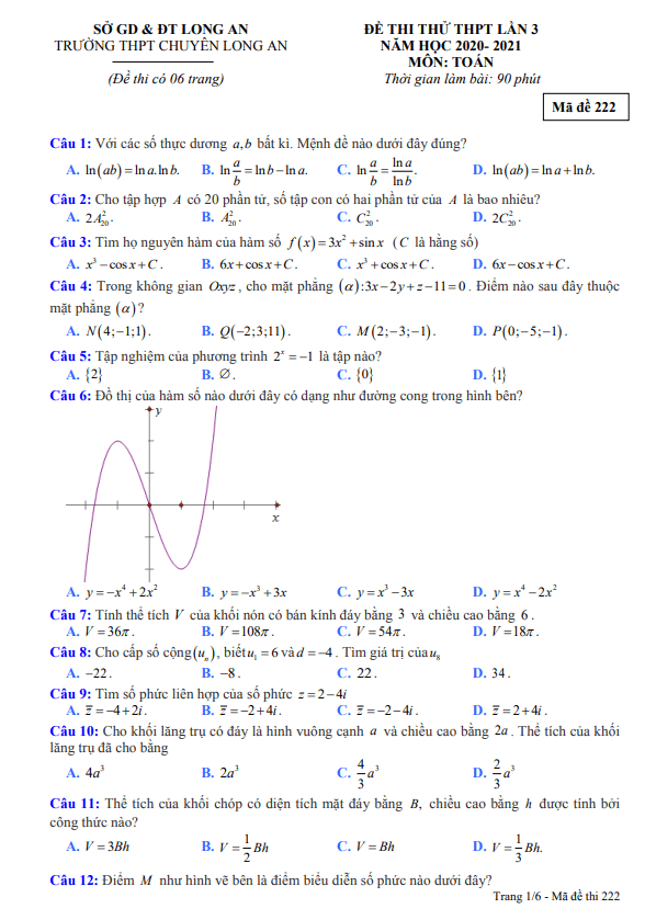 đề thi thử thpt 2021 môn toán lần 3 trường thpt chuyên long an