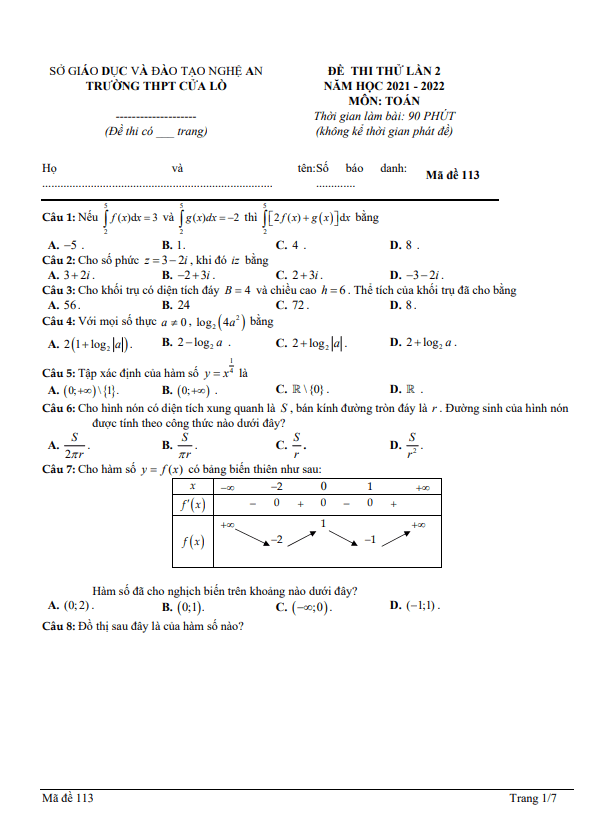 đề thi thử thpt 2022 môn toán lần 2 trường thpt cửa lò – nghệ an