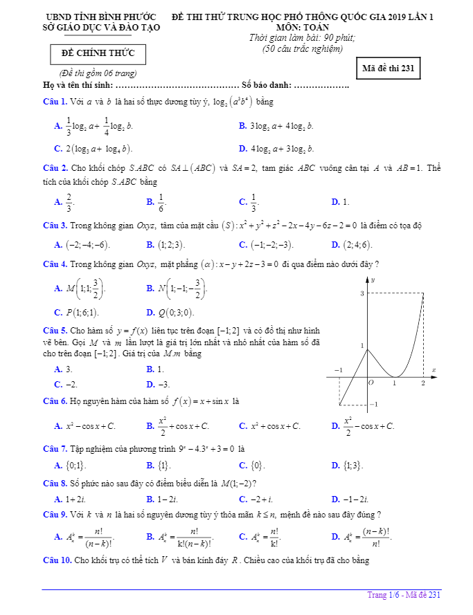 đề thi thử thpt qg 2019 môn toán lần 1 sở gd&đt bình phước