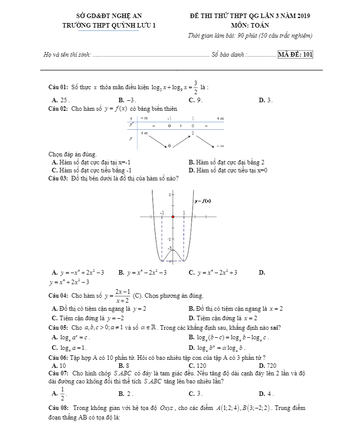 đề thi thử thpt qg 2019 môn toán trường quỳnh lưu 1 – nghệ an lần 3