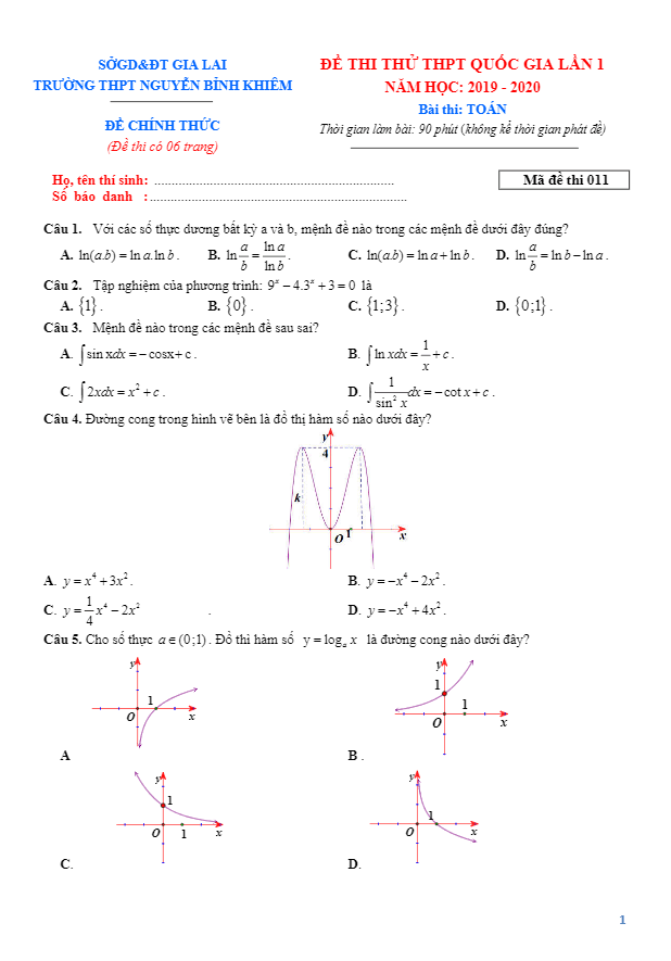 đề thi thử thpt qg 2020 môn toán lần 1 trường nguyễn bỉnh khiêm – gia lai