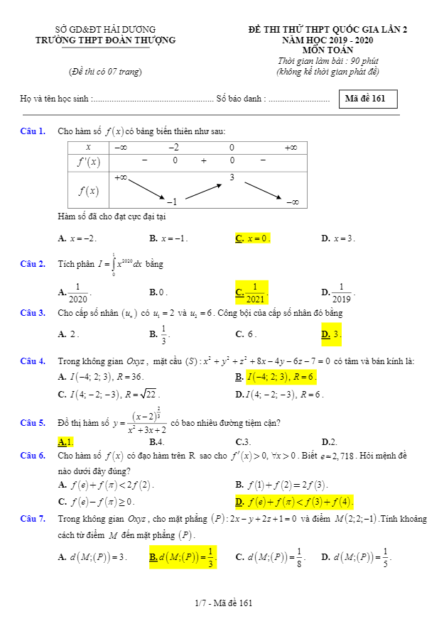 đề thi thử thpt qg 2020 môn toán lần 2 trường thpt đoàn thượng – hải dương