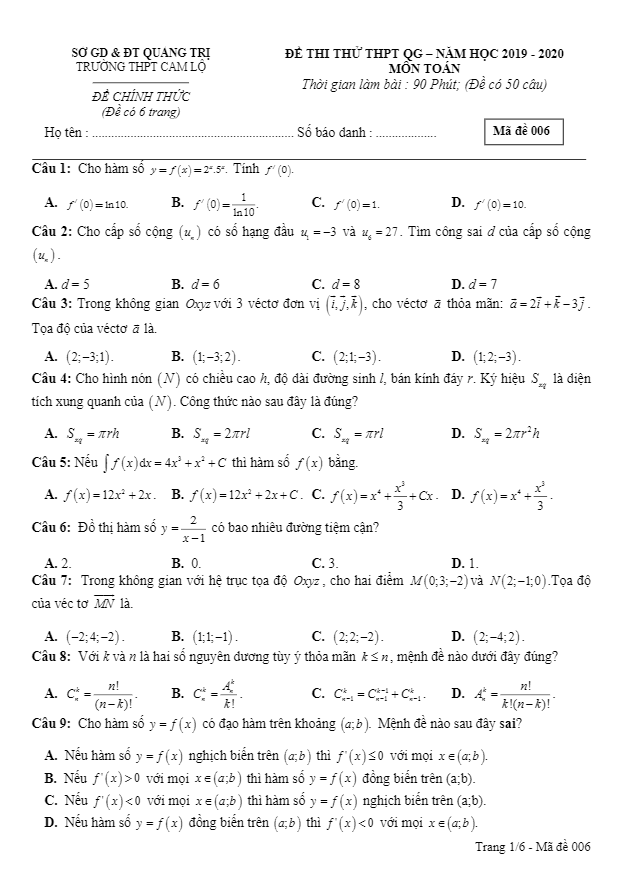 đề thi thử thpt qg 2020 môn toán trường thpt cam lộ – quảng trị