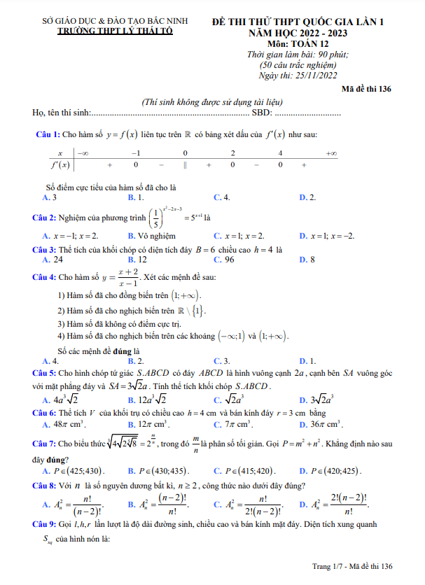đề thi thử thpt qg 2023 lần 1 môn toán trường thpt lý thái tổ – bắc ninh
