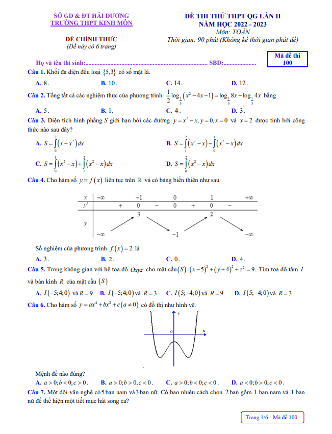 đề thi thử thpt qg 2023 môn toán lần 2 trường thpt kinh môn – hải dương