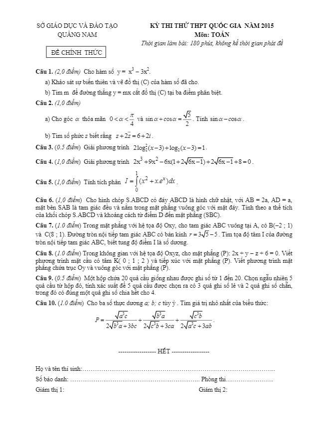 đề thi thử thpt quốc gia 2015 môn toán tỉnh quảng nam