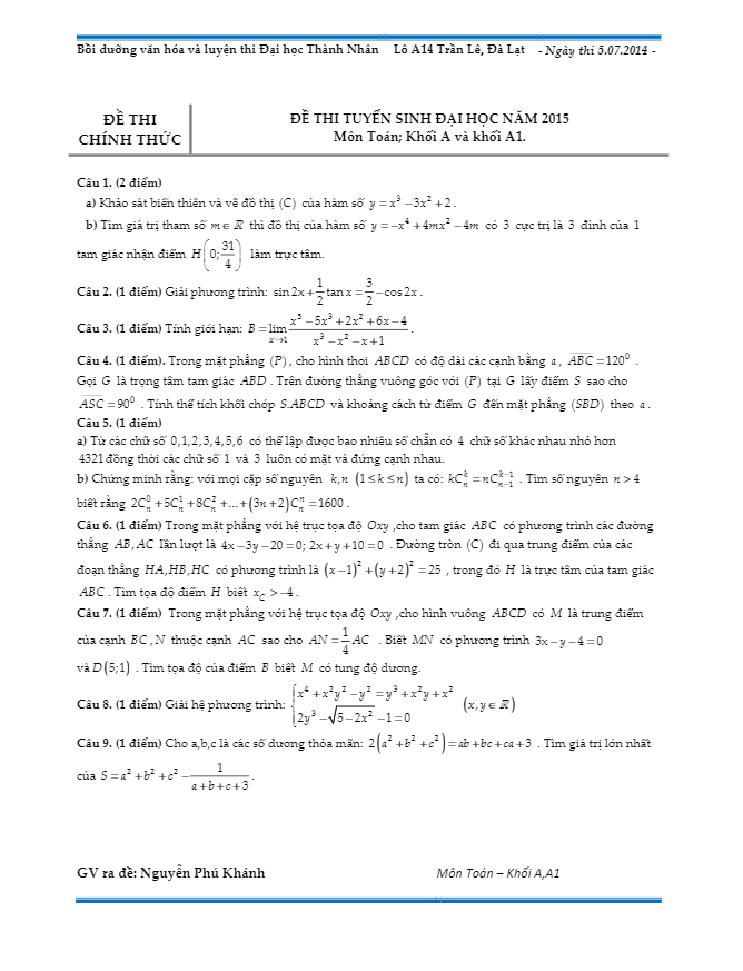 đề thi thử thpt quốc gia 2015 môn toán trung tâm luyện thi thành nhân – đà lạt