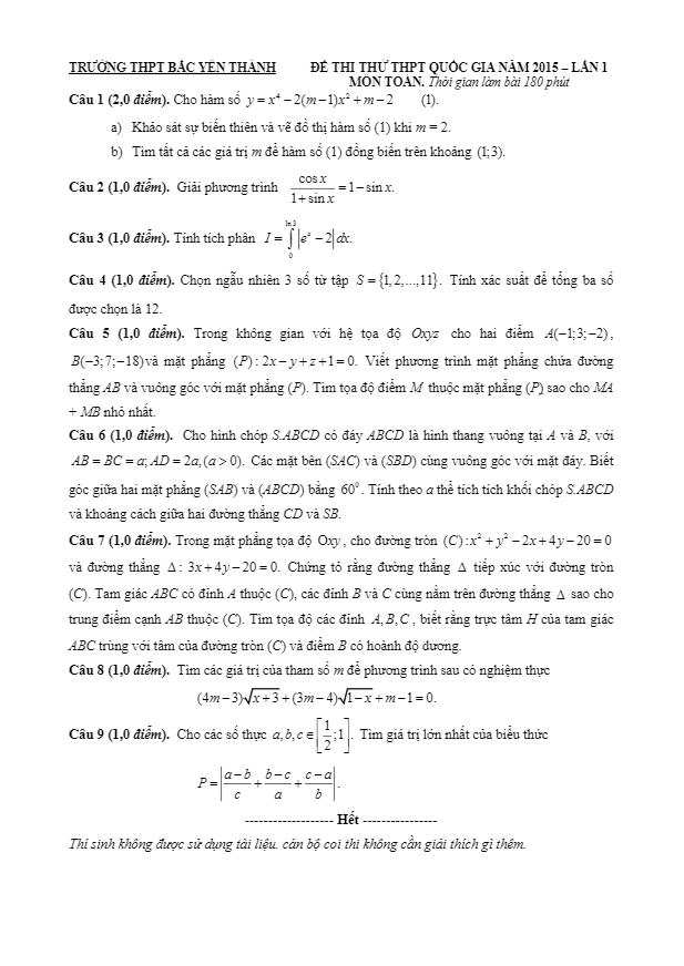 đề thi thử thpt quốc gia 2015 môn toán trường bắc yên thành lần 1