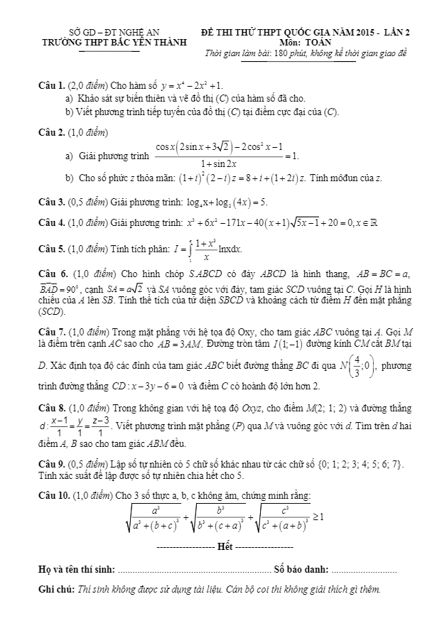 đề thi thử thpt quốc gia 2015 môn toán trường bắc yên thành – nghệ an lần 2
