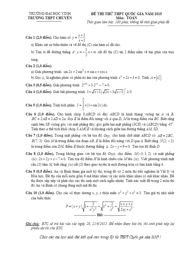 đề thi thử thpt quốc gia 2015 môn toán trường chuyên đại học vinh lần 4