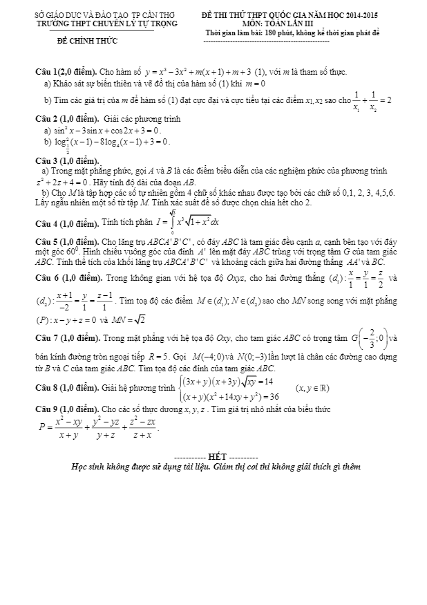đề thi thử thpt quốc gia 2015 môn toán trường chuyên lý tự trọng – cần thơ lần 3