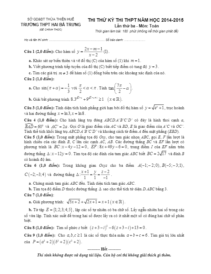 đề thi thử thpt quốc gia 2015 môn toán trường hai bà trưng – huế lần 3