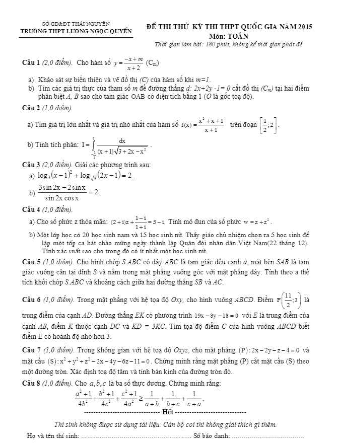 đề thi thử thpt quốc gia 2015 môn toán trường lương ngọc quyến – thái nguyên