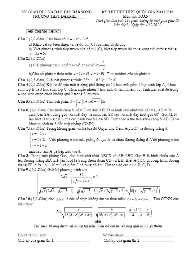đề thi thử thpt quốc gia 2016 môn toán lần 1 đăkmil – đăknông