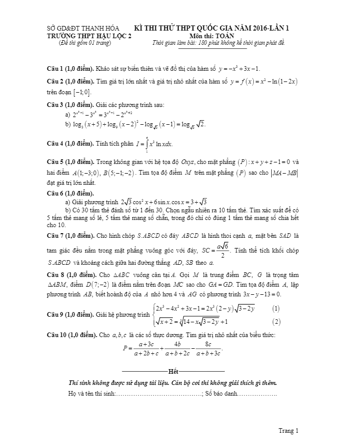 đề thi thử thpt quốc gia 2016 môn toán lần 1 trường thpt hậu lộc 2 – thanh hóa
