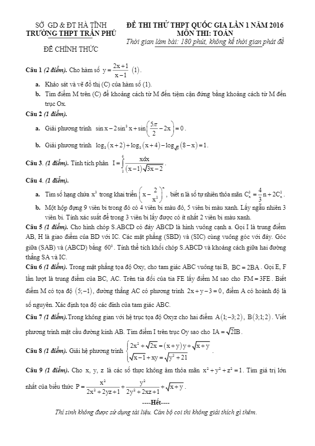 đề thi thử thpt quốc gia 2016 môn toán lần 1 trường thpt trần phú – hà tĩnh