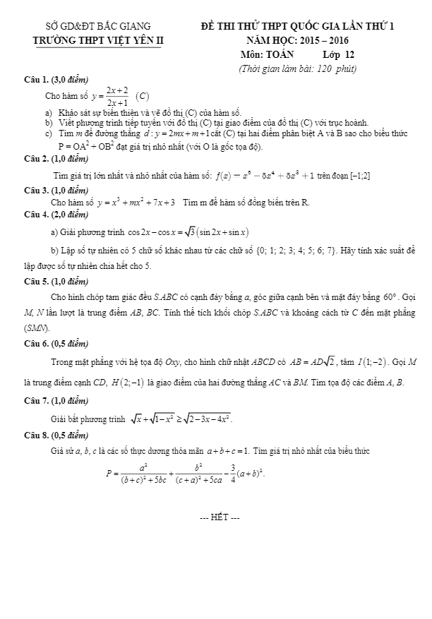 đề thi thử thpt quốc gia 2016 môn toán lần 1 trường thpt việt yên 2 – bắc giang