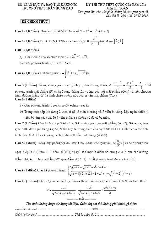 đề thi thử thpt quốc gia 2016 môn toán lần 2 trường thpt trần hưng đạo – đăknông