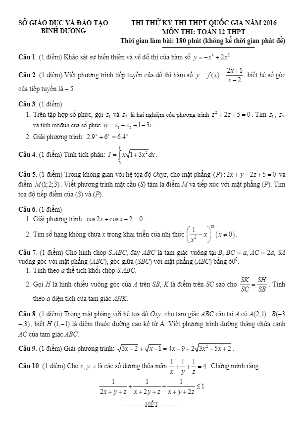 đề thi thử thpt quốc gia 2016 môn toán sở gd và đt bình dương