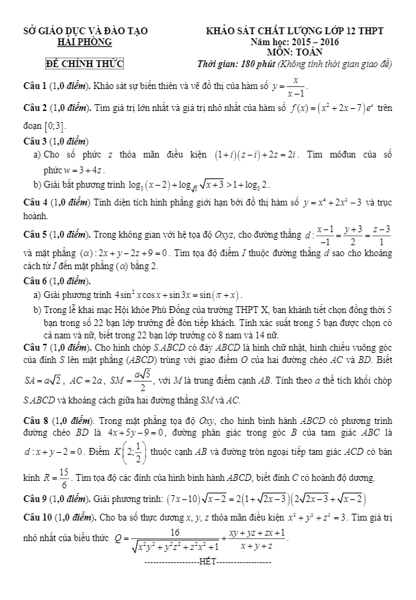 đề thi thử thpt quốc gia 2016 môn toán sở gd và đt hải phòng