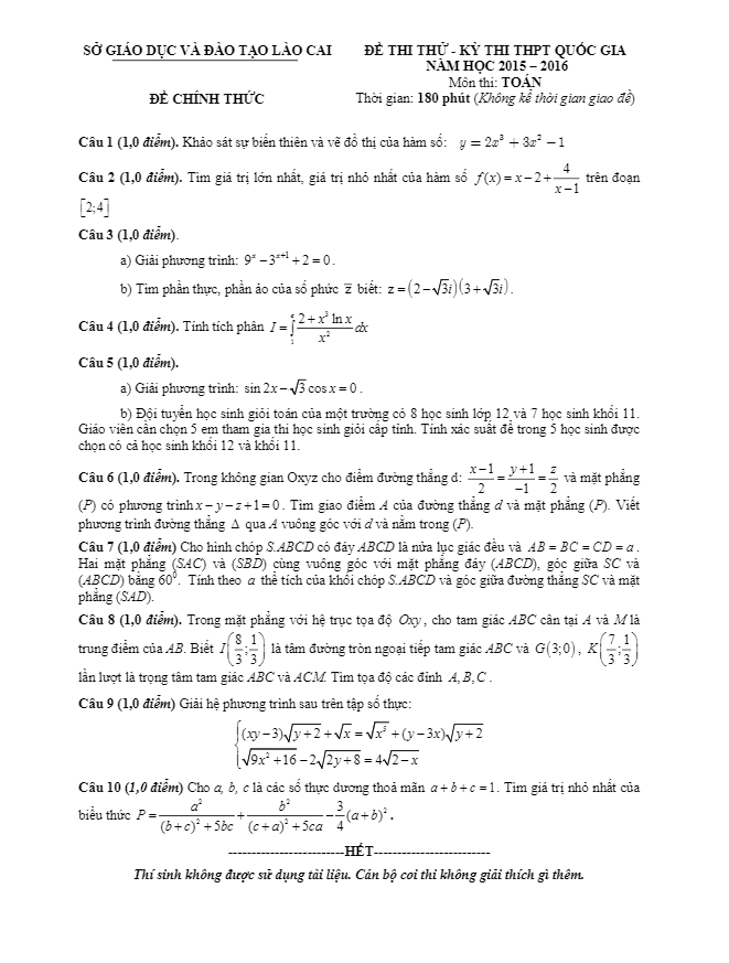 đề thi thử thpt quốc gia 2016 môn toán sở gd và đt lào cai