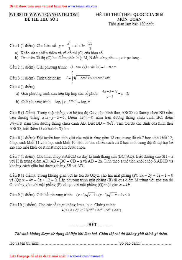 đề thi thử thpt quốc gia 2016 môn toán – toán math biên soạn – đề số 1