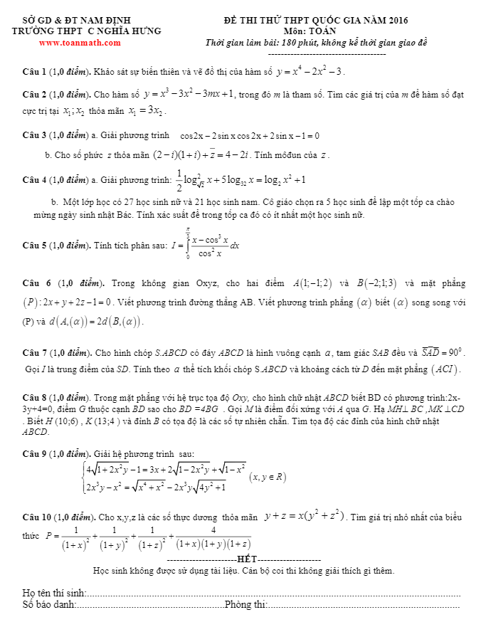 đề thi thử thpt quốc gia 2016 môn toán trường c nghĩa hưng – nam định