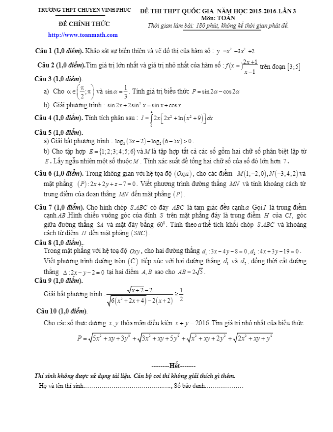 đề thi thử thpt quốc gia 2016 môn toán trường chuyên vĩnh phúc lần 3