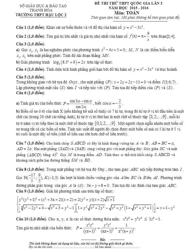 đề thi thử thpt quốc gia 2016 môn toán trường hậu lộc 2 – thanh hóa lần 3