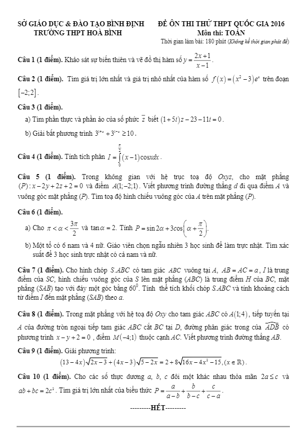 đề thi thử thpt quốc gia 2016 môn toán trường hòa bình – bình định