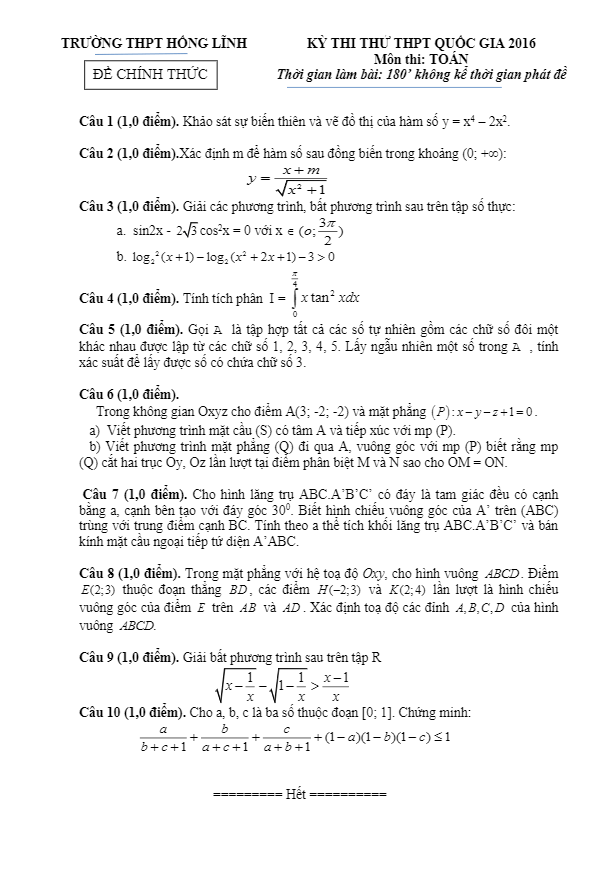 đề thi thử thpt quốc gia 2016 môn toán trường hồng lĩnh – hà tĩnh