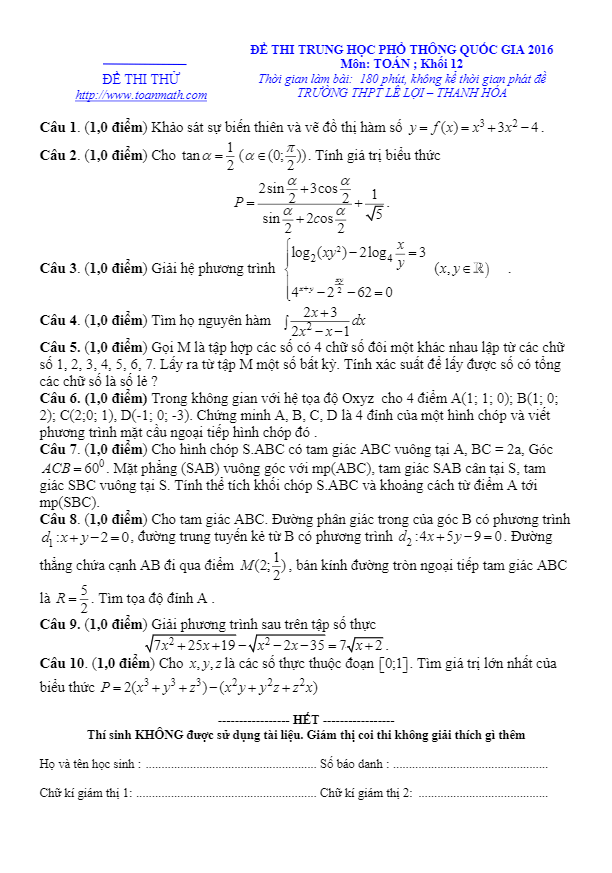 đề thi thử thpt quốc gia 2016 môn toán trường lê lợi – thanh hóa