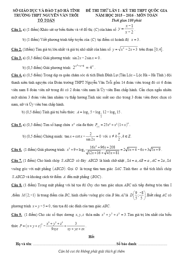 đề thi thử thpt quốc gia 2016 môn toán trường nguyễn văn trỗi – hà tĩnh lần 1