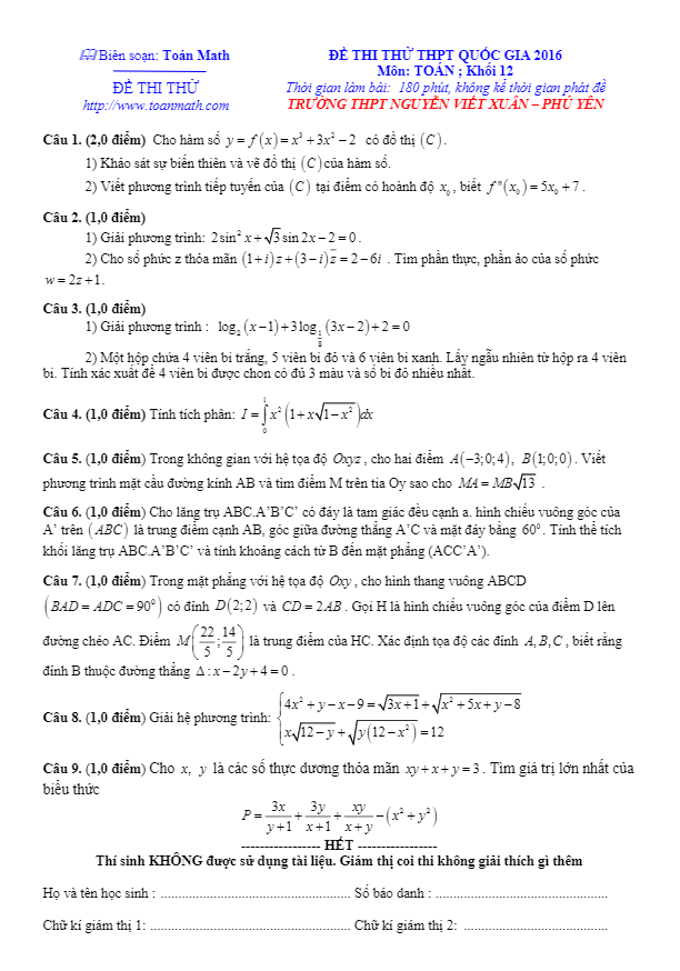 đề thi thử thpt quốc gia 2016 môn toán trường nguyễn viết xuân – phú yên