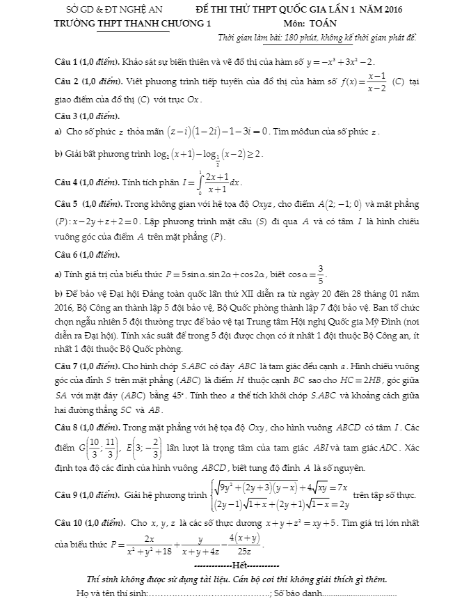 đề thi thử thpt quốc gia 2016 môn toán trường thanh chương 1 – nghệ an lần 1