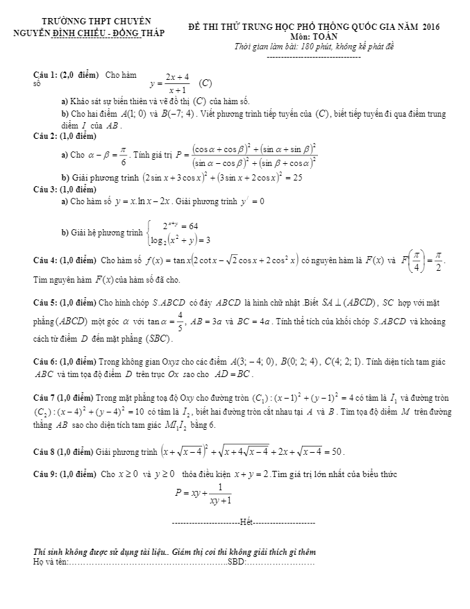 đề thi thử thpt quốc gia 2016 môn toán trường thpt nguyễn đình chiểu – đồng tháp
