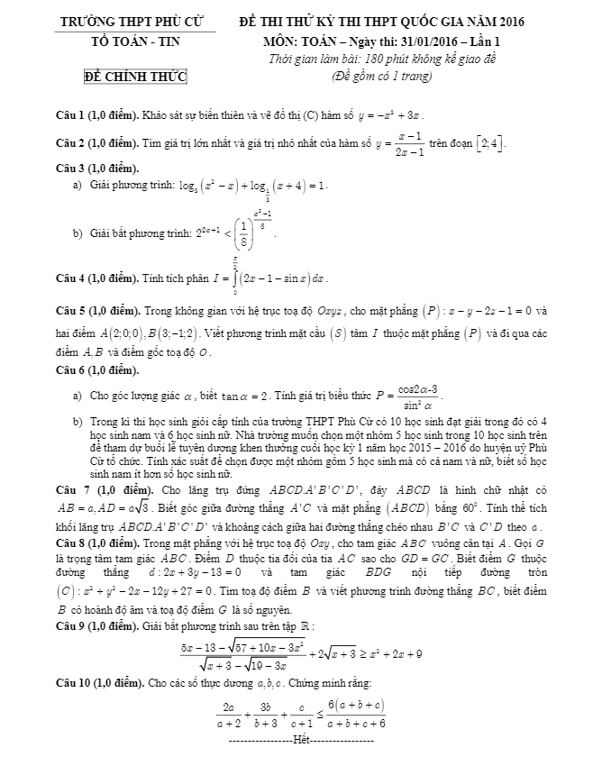 đề thi thử thpt quốc gia 2016 môn toán trường thpt phù cừ