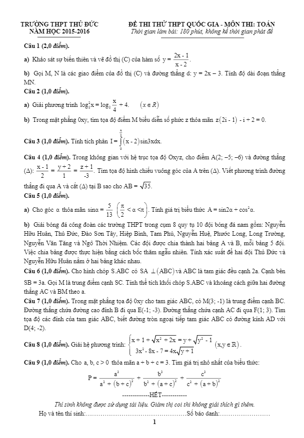 đề thi thử thpt quốc gia 2016 môn toán trường thủ đức – tp. hồ chí minh
