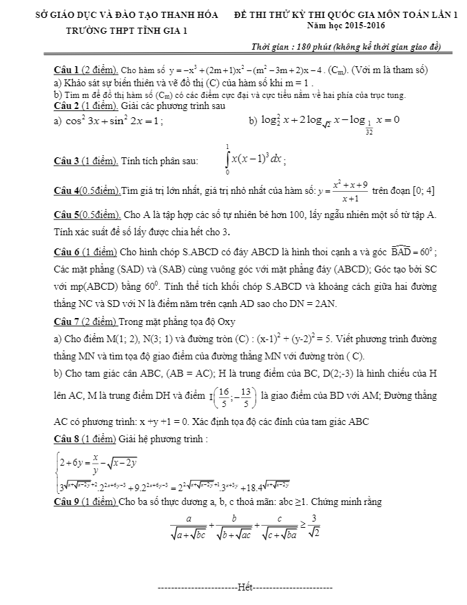đề thi thử thpt quốc gia 2016 môn toán trường tĩnh gia 1 – thanh hóa