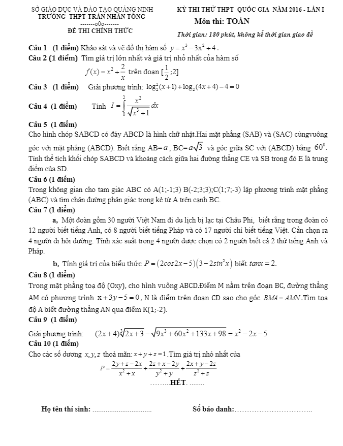 đề thi thử thpt quốc gia 2016 môn toán trường trần nhân tông – quảng ninh lần 1