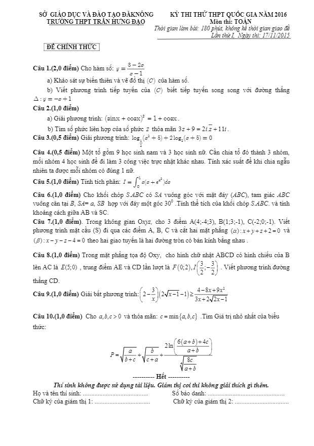 đề thi thử thpt quốc gia 2016 thpt trần hưng đạo – đăk nông