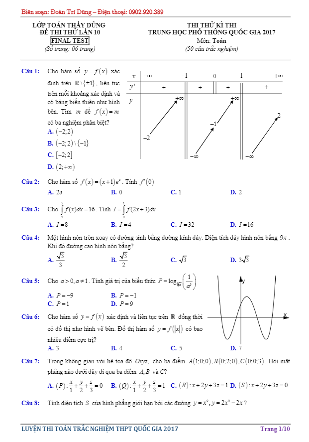 đề thi thử thpt quốc gia 2017 môn toán – đoàn trí dũng lần 10