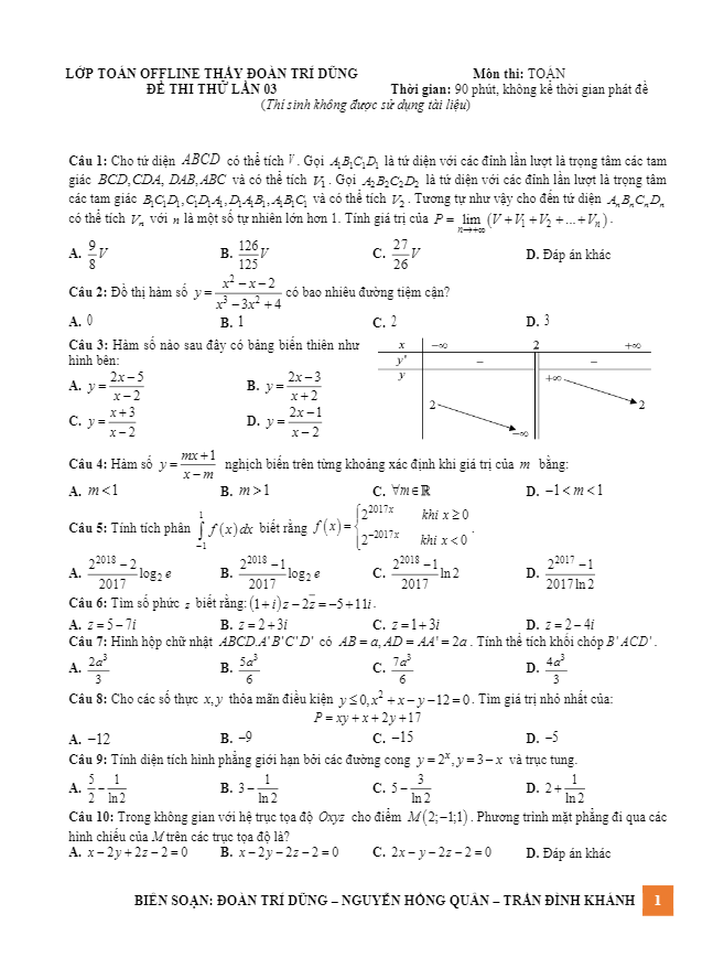 đề thi thử thpt quốc gia 2017 môn toán – đoàn trí dũng lần 3