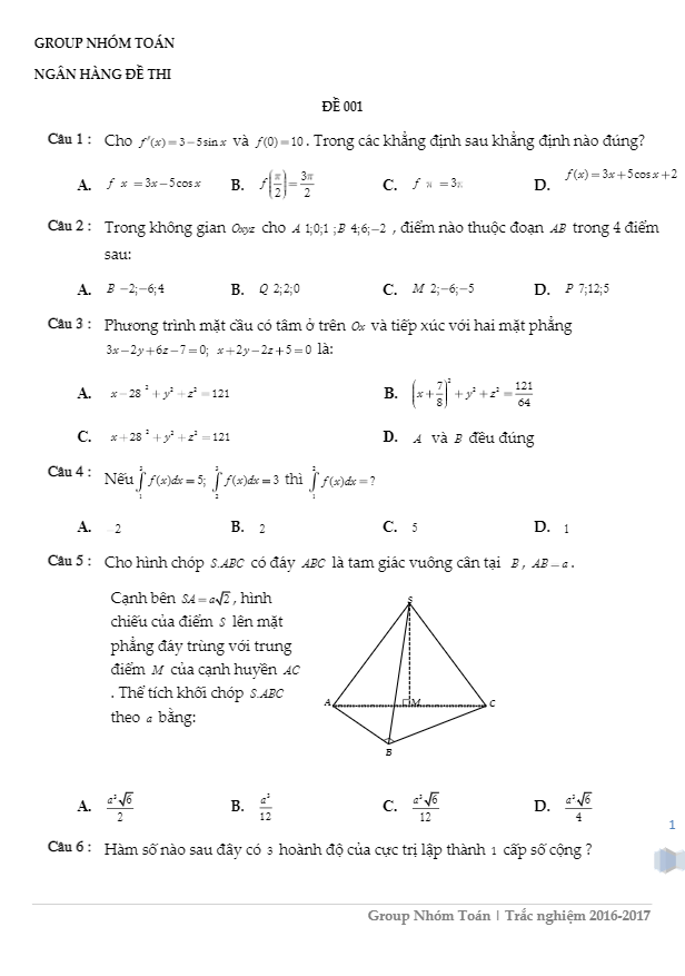 đề thi thử thpt quốc gia 2017 môn toán lần 1 – nhóm toán