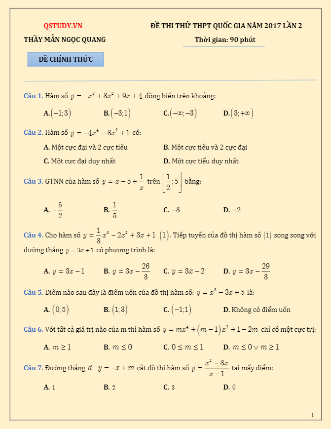 đề thi thử thpt quốc gia 2017 môn toán lần 2 – mẫn ngọc quang
