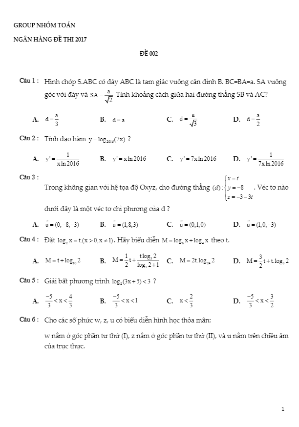 đề thi thử thpt quốc gia 2017 môn toán lần 2 – nhóm toán