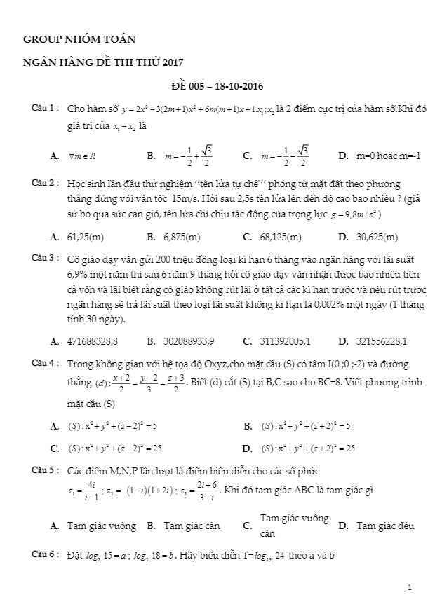 đề thi thử thpt quốc gia 2017 môn toán lần 5 – nhóm toán